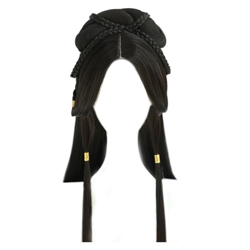Peluca tradicional china Hanfus negro largo trenzado Updo sintético asiático disfraz de Cosplay para mujeres y niñas