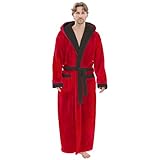 PJGGZ Mens Plush Robes Full Length, Big and Tall Fleece Hooded Bathrobe Warm Fluffy Cozy Winter Housecoat Floor Length(Wine Red/Black,L/XL)