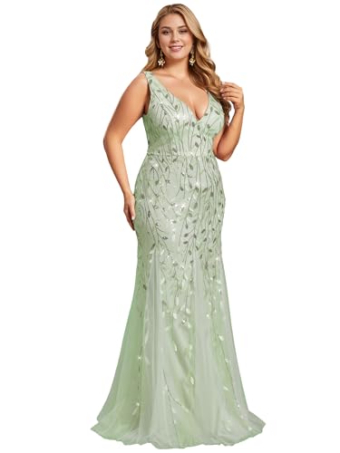 Image of Ever-Pretty Plus Sequin Formal Dresses Sleeveless V Neck Mermaid Ball Gowns Plus Size Prom Dress