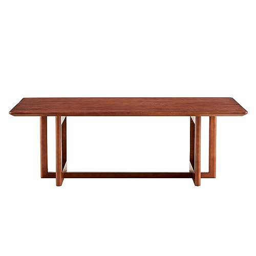 Modern Asian Log-Style Imitation Rattan Weave Rectangular Solid Wood Low Table for Living Room, Tea Service, Lounge, Apartment, Office; Wide Smooth Desktop, Rounded Edges (Natural Wood)