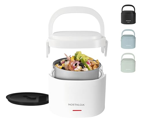 Nostalgia Portable 20-Ounce Electric Heated Lunch Box – Travel Size 2.5 Cup Capacity for Soup, Chili, and Leftovers – Leak Proof Silicone Sealed Lid, Foldable Carry Handle, Detachable Cord – White