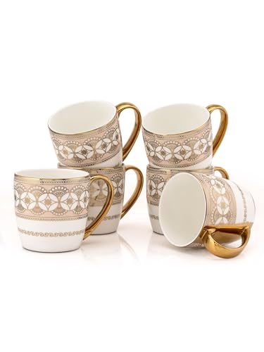 Image of Clay Craft Fine Ceramic Alton Ebony Gold Printed Tea /Coffee Set of 6-200 ml Each (E648), Tea Cup Set of 6, Mugs for Coffee, Cups Set of 6, Mug Set, Ideal for Gifting, Perfect for Home and Office