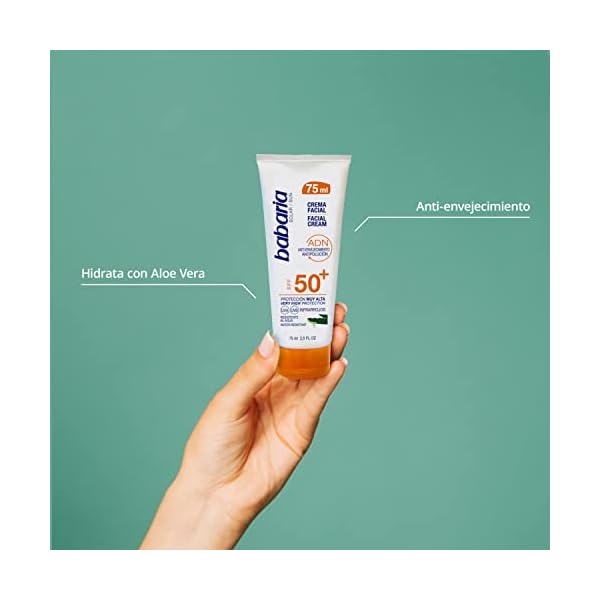 Babaria-Crema-Solar-Facial-SPF50-UVA-UVB-e-Infrarrojos-Antiarrugas-y-Antimanchas-para-Uso-Facial-y-Escote-Contiene-Aloe-Vera-Resistente-al-Agua-Vegano-Unisex-75-ml