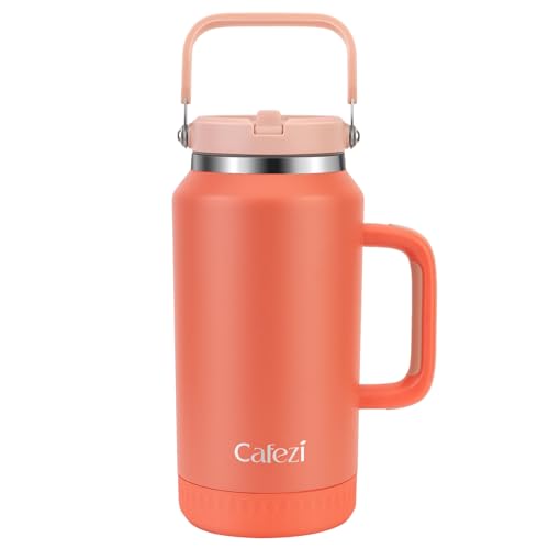 Image of 64oz Stainless Steel Water Bottle with Flip Straw - Leak-Proof, Sweat-Free, Top and Side Handle, Anti-Slip Base, Iced for 34 Hours, Dishwasher Safe - Water Jug for Sports Events, Beach Days