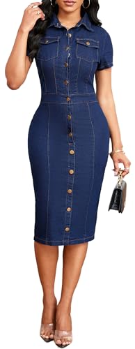 Image of SeNight Women Denim Dresses Elegant Sexy Short Sleeve Jean Party Dress