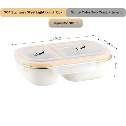 Image of Motka Premium 800 ml 2-Compartment Bento Lunch Box | Stainless Steel Slim Compact Tiffin | Leak-Proof Food Container| BPA & Odour-Free| Dishwasher Safe | Ideal for Office, Travel & School (White)
