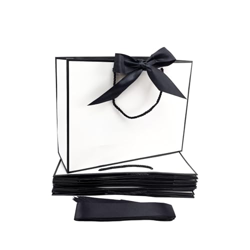 TKSBAG 12PCS Gift Bags Medium Size with Handles 12.5 x 9.8 x 4.3 In White Black Thank You Bags with Bow Ribbon for Wedding Birthday bridesmaid Groomsmen Party Favors Fathers Day