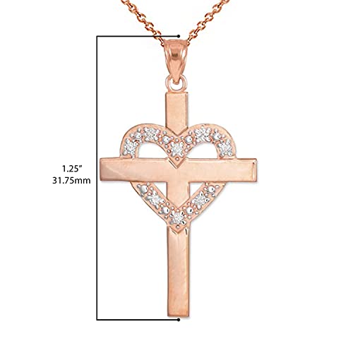 14K Rose Gold 1/20 Cttw Diamond Studded Heart Cross Pendant Necklace with Rolo Chain (G-H Color, SI1-SI2 Clarity) - Choice of Necklace Length3