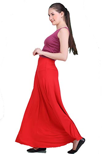 Image of Women's Solid High Waist Flared Classic Maxi Skirt | Stretchable Flared Viscose Skirt for Ladies | Foldover Waistband | Festive, Party, Lounge & Casual Wear