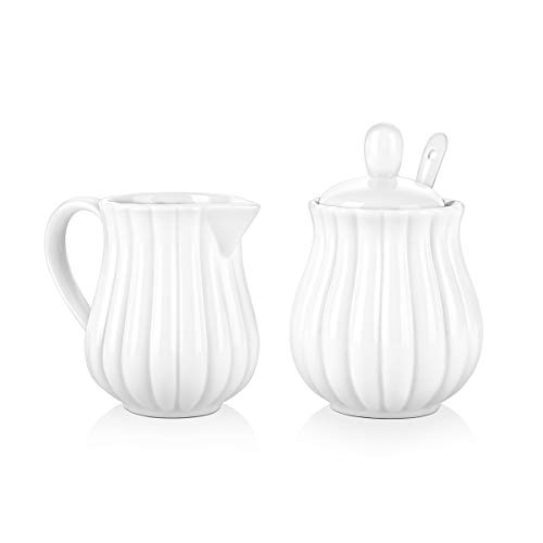 DOWAN Porcelain Creamer and Sugar Set with Lid Spoon, Coffee Serving Set, Pumpkin Style Sugar Bowl Cream Pitcher, White DOWAN Porcelain Creamer and Sugar Set with Lid Spoon, Coffee Serving Set, Pumpkin Style Sugar Bowl Cream Pitcher, White