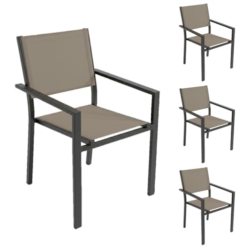 LOLAhome Set de 4 Sillas Thais de Aluminio Grafito y Textileno Topo, Elegantes, Apilables, Ligeras y Resistentes, Tratamiento anticorrosión para Exteriores, de 56x56x86 cm