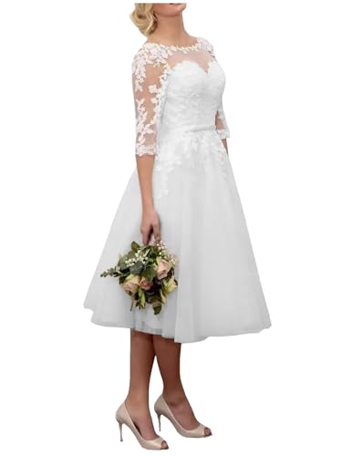 A Line Tea Length Boho Wedding Dress with Sleeves Short Courthouse White Lace Beach Wedding Dresses for Bride Tulle Open Back Formal Elopement Bridal Shower Engagement Dresses for Women US14