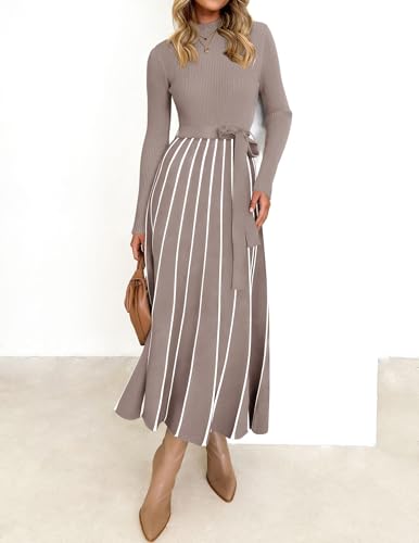 ZESICA Womens 2025 Fall Turtleneck Long Sleeve Sweater Dress Tie Waist Casual Loose Ribbed Knit A Line Midi Dresses - Image 3