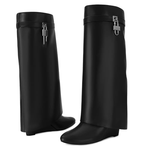 Fold over Boots for Women Knee High Black Boots Pointed Toe Wedge Heel Wide Calf Faux Leather Shark Boot with Padlock4