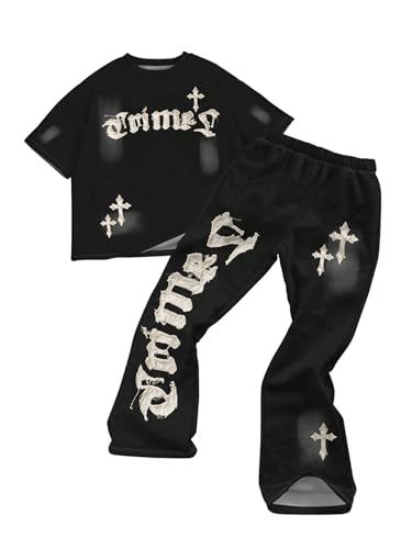 Boy's 2 Piece Tracksuit Letter Cross Graphic Short Sleeve T Shirt Flare Leg Sweatpants Sets Streetwear