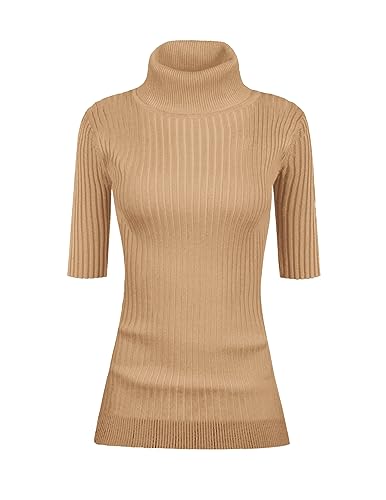 Image of v28 Women Turtleneck 1 /2 Half Sleeve Highly Stretchy Ribbed Knit Fitted Sweater
