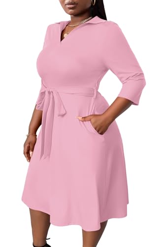 Image of FANDEE Plus Size Midi Dress for Women - Printing Summer Dresses for Wedding Guest Cocktail Party 3 /4 Sleeve V Neck（L-5XL）