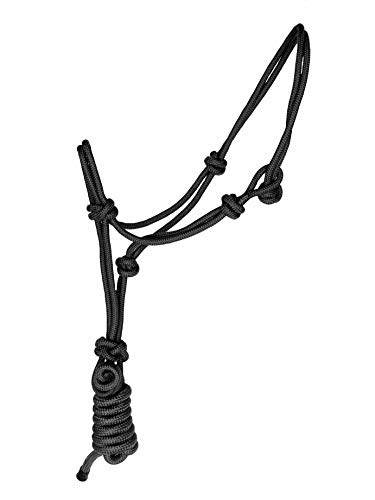 Equitem Nylon Full Horse Cowboy Knot Rope Halter with Lead (Black)