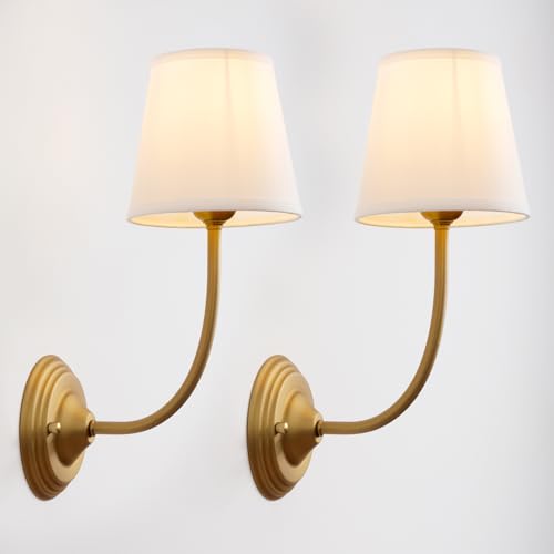 Image of Vintage Fabric Wall Sconces Set of 2 with 5.5 inch Funnel Linen Cloth Shade, E26 Hardwired Indoor Wall Mounted Lamp Fixtures for Bedroom Dining Room Hallway Bathroom
