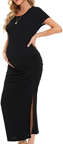 Smallshow Women's Split Long Maternity Dress Short Sleeve Ruched Pregnancy Clothes Medium Black
