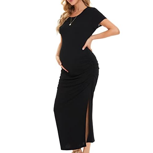 Smallshow Women’s Split Long Maternity Dress Short Sleeve Ruched Pregnancy Clothes