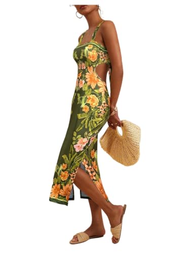 Image of Floerns Women's Tropical Bow Tie Back Long Dress Sleeveless Maxi Dress | Hawaiian Resort Wear, Coastal Vacation, Beach Wedding Guest, Side Slit, Spring Break Outfits