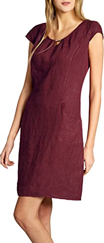 Caspar SKL020 knielanges Damen Sommer Leinenkleid mit eleganter Metallspange bis Größe 50, Farbe:weinrot, Größe:3XL - DE46 UK18 IT50 ES48 US16