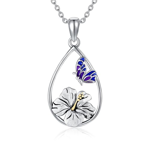 Bijou femme : chaîne hibiscus en argent 925 et pendentif papillon en argent sterling
