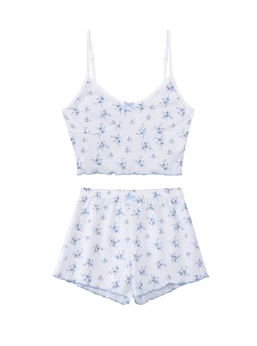 Image of Hilinker Womens Graphic Print Ribbed PJ Set Crop Cami Tops and Shorts Cute Pajamas Set