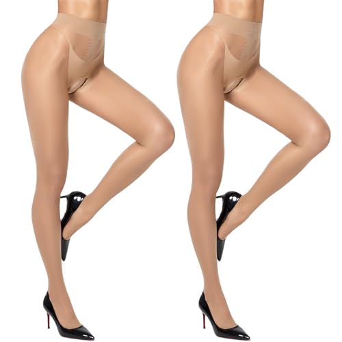 MANZI Sheer Pantyhose for Women 30 Denier Sheer to Waist Tights High Waist Suspender Stockings One Size 1 Pair Black + 1 Pair Natural Nude