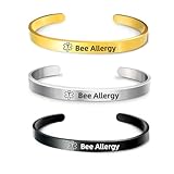 RENYILIN 3PCS Stainless steel cuff bracelet Medical alert ID Emergency first Aid bracelet (Bee Allergy)