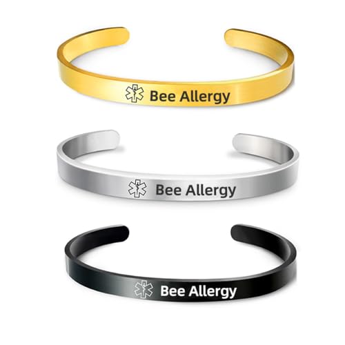 RENYILIN 3PCS Stainless steel cuff bracelet Medical alert ID Emergency first Aid bracelet (Bee Allergy)