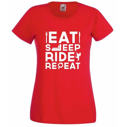 60 Second Makeover Limited Femmes Eat Sleep Ride Repeat Cheval T-Shirt Haut Disponible en Noir Rouge, Rose bébé ou Fuchsia idéal Cadeau Maman ami équitation équestre - Rouge, 12