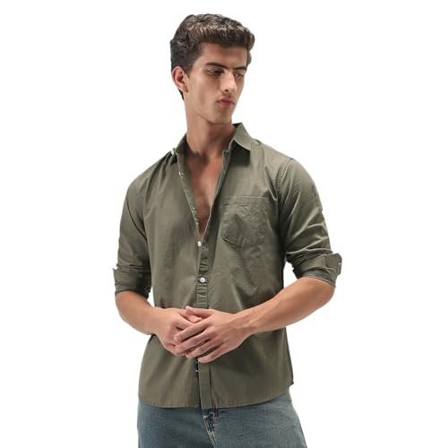 Image of Urbano Fashion Men's Cotton Full Sleeve Regular Fit Casual Solid Slub Shirt with Spread Collar