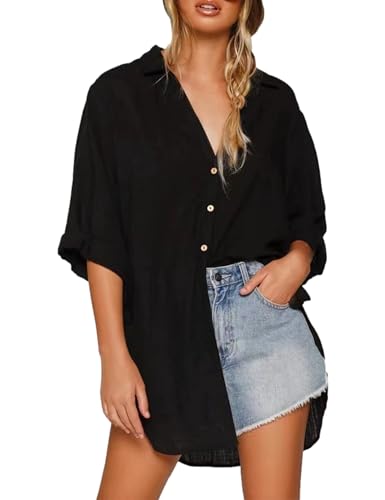 Image of Bozanly V Neck 3 /4 Sleeve Button Shirts Summer Beach Blouse Tops for Women
