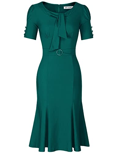 Image of MUXXN Women's Vintage 1950s Midi Crew Neck Short Sleeve Party Cocktail Work Casual Bodycon Dress