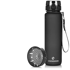 Legendwerk® 1L “LegendBottle” + Fruitzeef – BPA-vrij gemaakt van Tritan, Waterfles voor Sport, Fitness, Fietsen, Universiteit, Wandelen, Joggen, Kamperen – Licht, Duurzaam (zwart)
