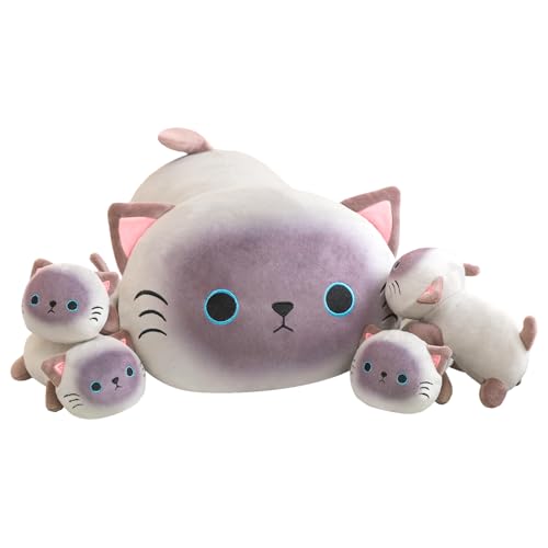 Image of TOYSYM Siamese Cat Plush Cute Siamese Cat Stuffed Animal Pillow with 4 Baby Plushies in Her Tummy, Soft Cotton Stuffed Animals Toy Gifts for Kids