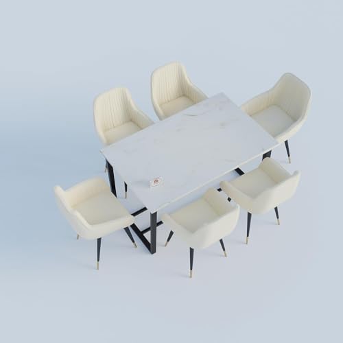 Image of Premium Wooden Dining Table 6 Seater | Marble Epoxy Finish Six Seater Dinning Table Set with 6 Upholstered Leatherette Dining Chairs & Metal Legs | Table Top: Premium HDMR Wood, Cream