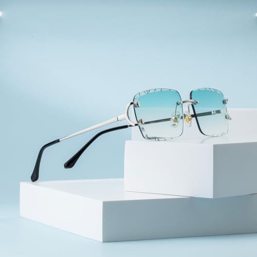 Image of Retro Rimless Rectangle Sunglasses for Men Women Luxury Frameless Square Trendy Shade Diamond Cutting Eyewear