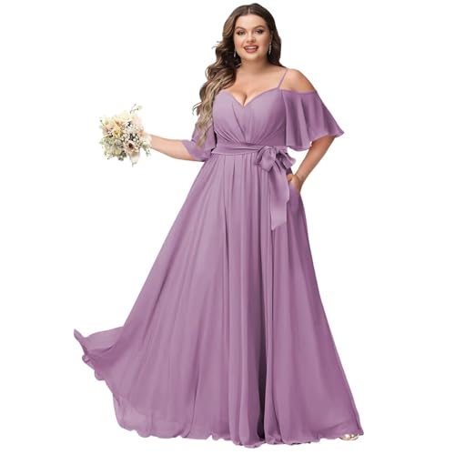 Women Plus Size Cold Shoulder Bridesmaid Dresses 2025 with Slit Chiffon Formal Party Dresses with Pockets DE52