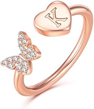 GLISHIVER Initial Rings for Women Teen Girls, Rose Gold Plated Butterfly Capital Letter Initial Rings for Women Teens Girls Letter Rings Alphabet Rings for Girls Teen Girls (K)