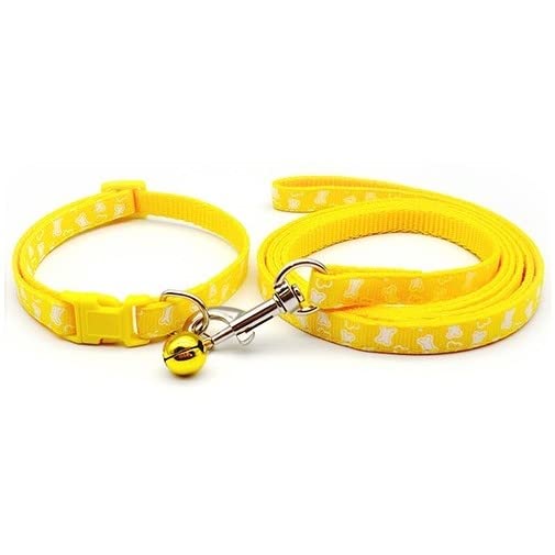 Small Dog Puppy Pet Collar and Lead Set White Bone Design Nylon Adjustable Size 19-32cm Collar with Bell and 120cm Leash Yellow - Image 2