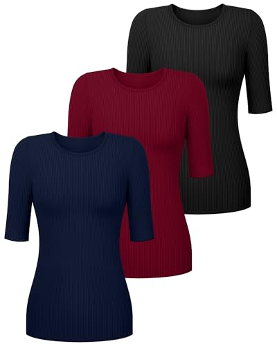 Riyiper 3 Pack Women's Half Sleeve Tops, Elbow Length Ribbed Cotton T Shirt Crew Neck Summer Tee Slim Fit Casual Blouses2