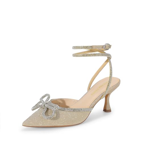 DREAM PAIRS Kitten Heels Rhinestone Bow Ankle Strap Stiletto Pointed Closed Toe Heels for Women Pumps Wedding Bridal Party Dress Shoes 8 Gold