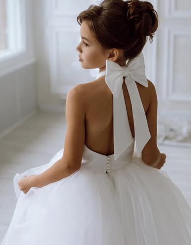 Flower Girls Satin Tulle Princess Pageant Dress for Wedding Halter Pearls Prom Ball Gowns with Bow-Knot3