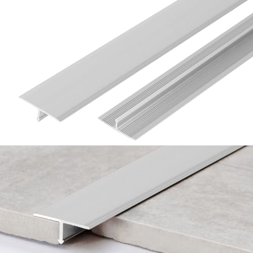 Moldura en T de Aluminio y Tiras de Transición para Suelo 3 piezas Perfil en T de Metal 0,9 m × 2 cm Tira Divisora para Umbral de Puerta y Huecos de Suelo de Tarimas (Plata)