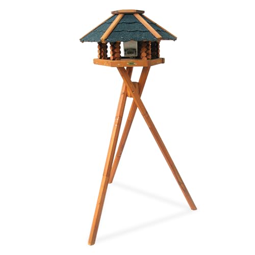 HABAU Vogelhaus mit Futtersilo und Ständer | Futterhaus für Wildvögel montiert | Silo aus Kunststoff | Sechseckiges Haus für Wildvögel (Schweden)