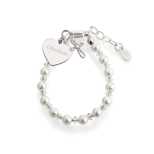 Cherished Moments Sterling Silver Bracelet for Girls with High-End Simulated Pearls and Crystals with a Dainty Infinity Cross Charm