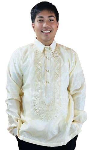 Handmade Kapamilya Barong Tagalog for Men - Long Sleeve Traditional Filipino Shirt - Ivory White Organza - US Size (Small)